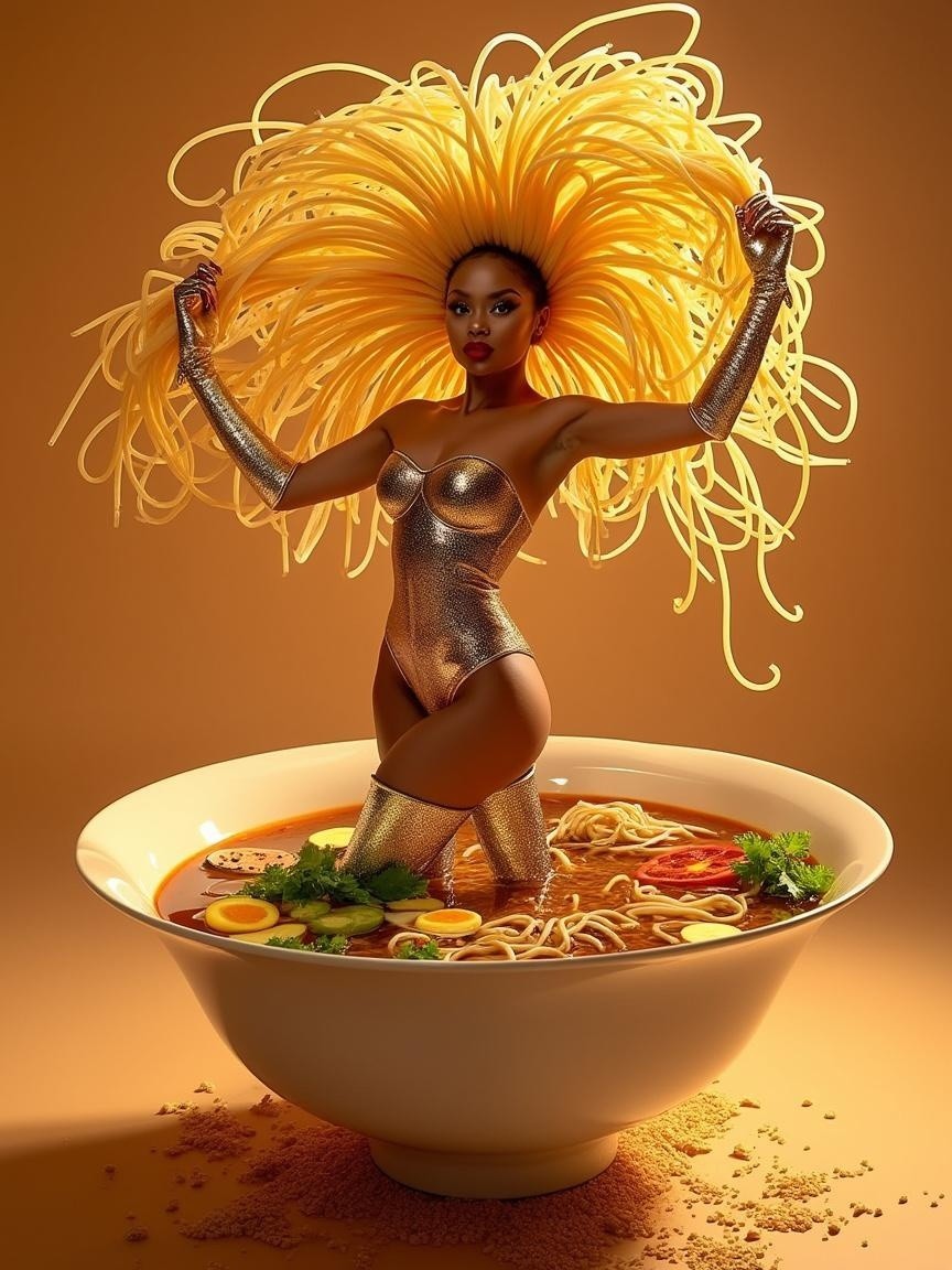 Figure in Ramen Bowl with Noodle Hairstyle and Outfit