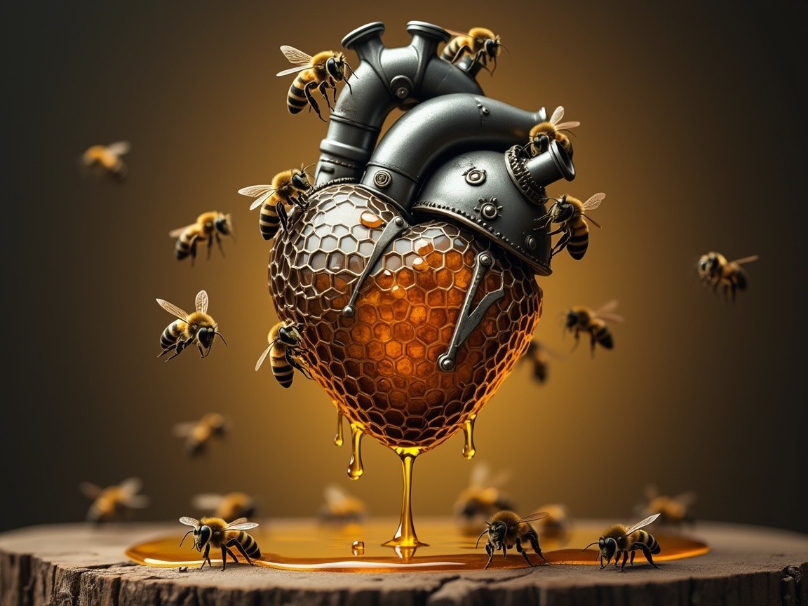 Stylized Metallic Heart with Honeycomb and Bees
