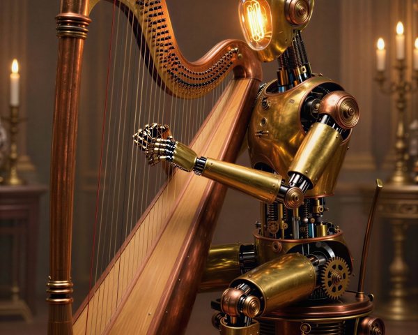 Steampunk Robot Playing Harp in Opulent Setting