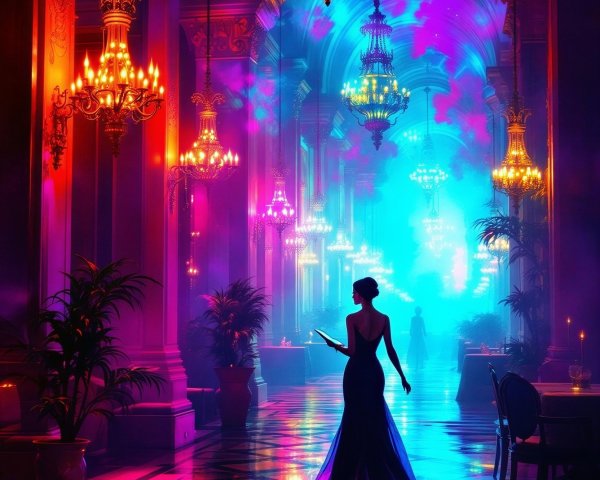 Elegant Woman in Lavish Hall with Vibrant Colors