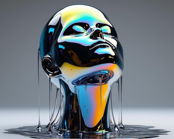 Futuristic sculpture of a reflective head with colors