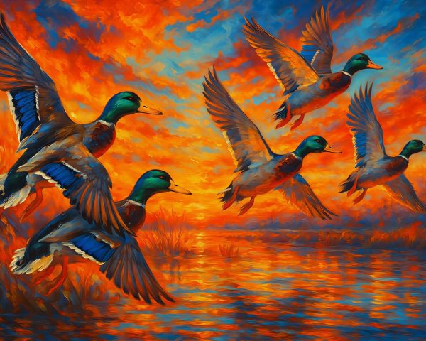 Mallard Ducks in Flight Against a Sunset Background