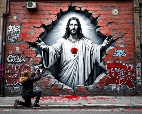 Mural of Jesus with Rose Against Urban Graffiti