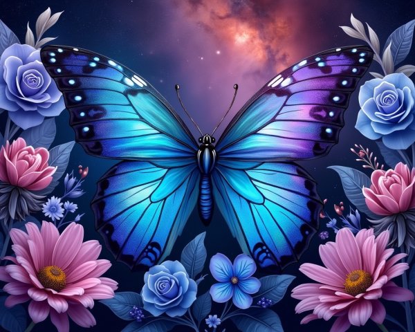 Blue Butterfly Among Colorful Flowers and Cosmic Background