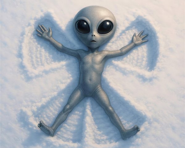 Gray Alien Making a Snow Angel in White Snow