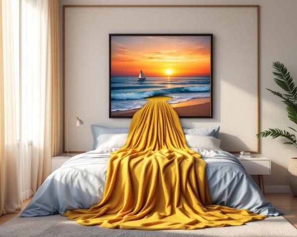 Cozy Bedroom with Blue and Yellow Decor and Sunset Art