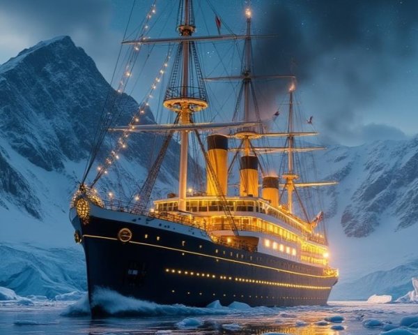 Majestic Icebreaker Ship in Icy Waters at Night