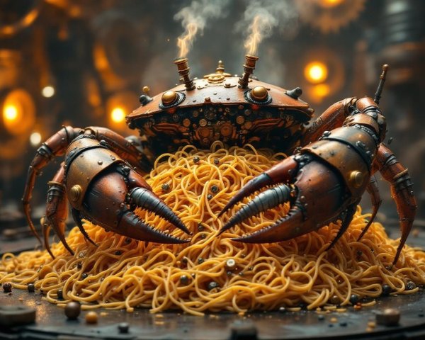 Steampunk Crab Surrounded by Whimsical Spaghetti