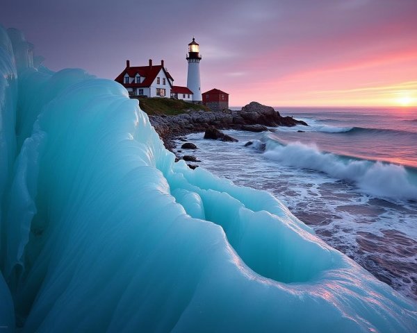 Coastal Lighthouse at Sunset with Waves and Ice Formations
