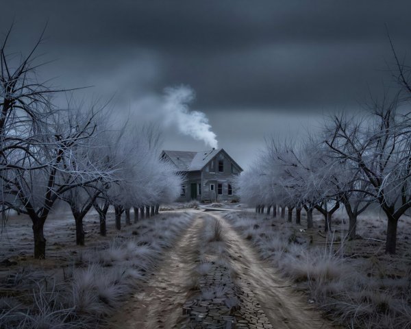 Old rural house in a winter landscape at dusk