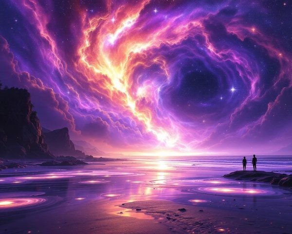 Twilight Cosmic Scene with Silhouettes on Beach