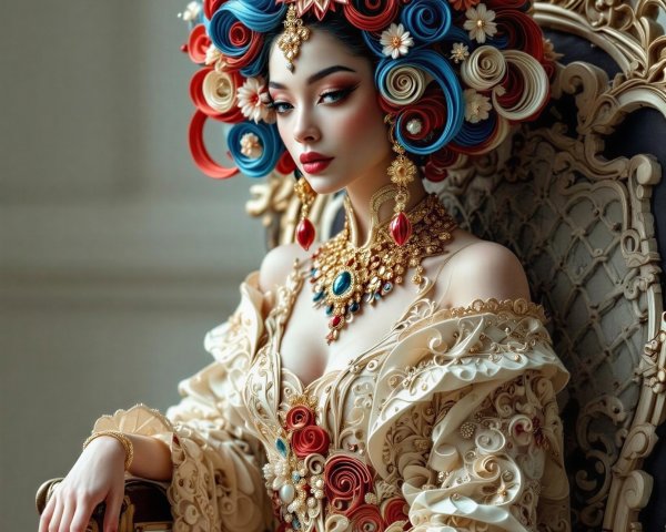 Regal woman in colorful hairstyle and elegant gown