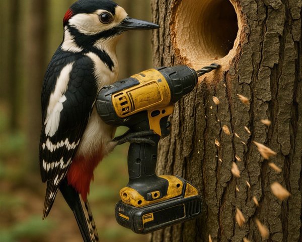 Great Spotted Woodpecker Using Power Drill on Tree