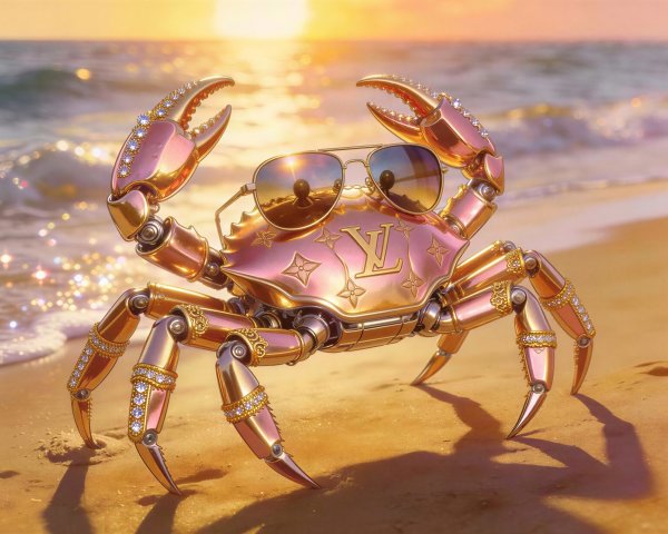 Realistic Photography of a Golden Robotic Crab on Beach