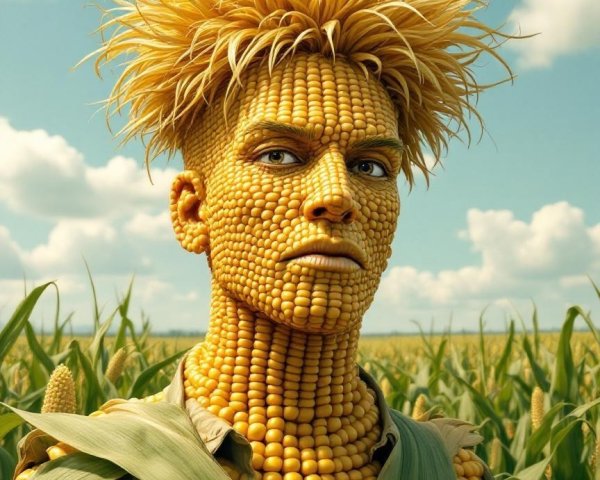 Surreal Figure in Vibrant Cornfield Landscape