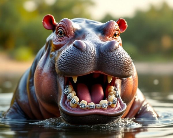 Whimsical Hippo with Metallic Braces in Nature Setting