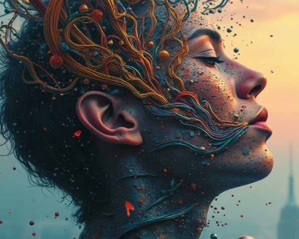 Surreal Portrait with Vibrant Tendrils and Cityscape