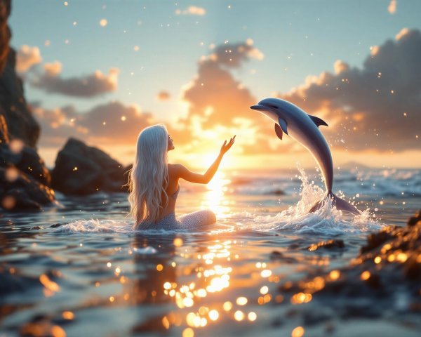 Mermaid at Sunset with Dolphin in Tranquil Waters