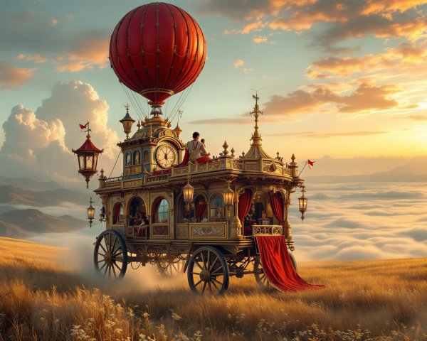 Vintage airship with red balloon and sunset backdrop