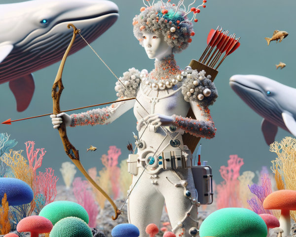 Surreal Underwater Scene with Humanoid Figure and Whales