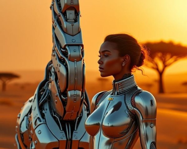 Surreal Desert Scene with Metallic Figures and Dunes