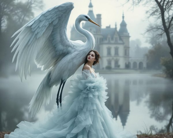 Ethereal Woman in Blue Gown by Serene Lake and Crane