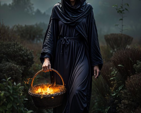 Mysterious Figure in Dark Robe in Misty Landscape