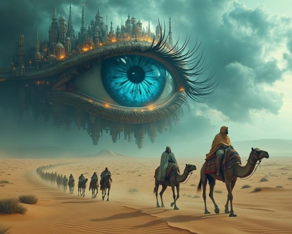 Surreal Desert Scene with Travelers and Ethereal Eye