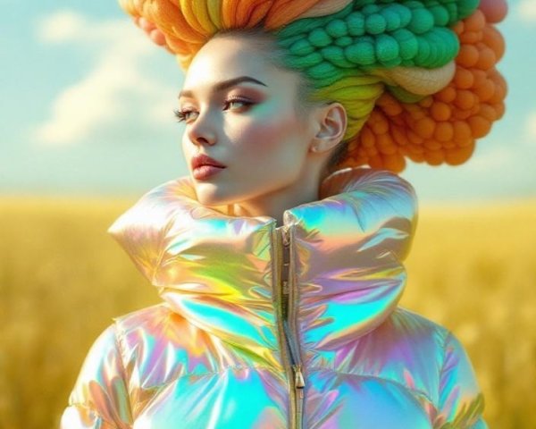 Colorful Cloud-Inspired Hairstyle and Iridescent Jacket