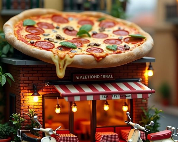 Miniature Pizzeria with Giant Pizza and Vintage Scooters