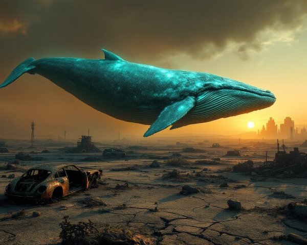 Ethereal Blue Whale Over Post-Apocalyptic Landscape