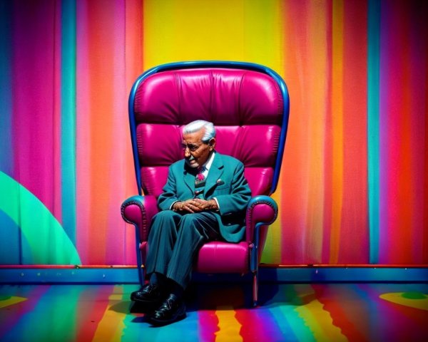 Elderly man in suit sitting on vibrant red chair against colorful background