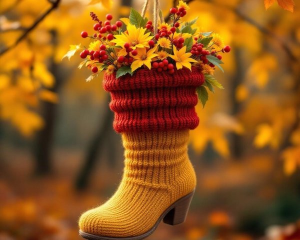 Whimsical Autumn Display with Knitted Yellow Boot