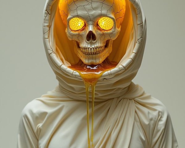 Cloaked Figure with Skull and Glowing Eyes in Cream Robe