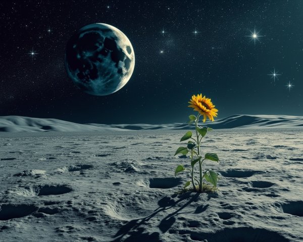 Sunflower on Moon Against Starry Sky and Planet