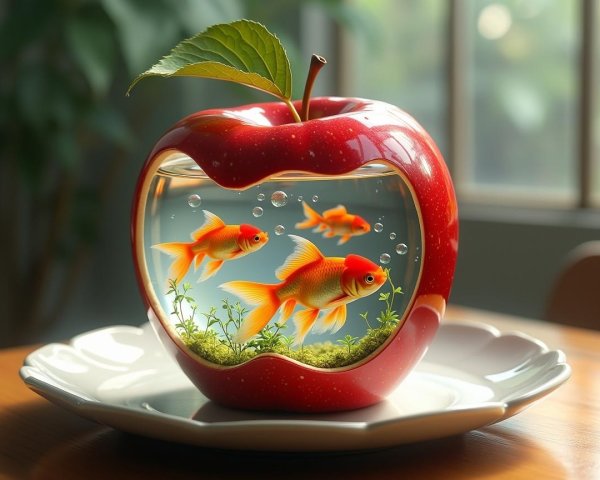 Red Apple Fish Tank with Goldfish and Aquatic Plants