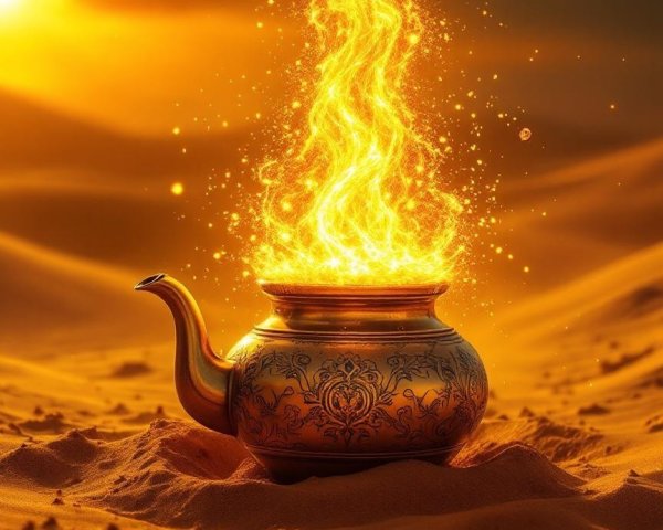 Brass Teapot on Golden Sands at Sunset with Smoke