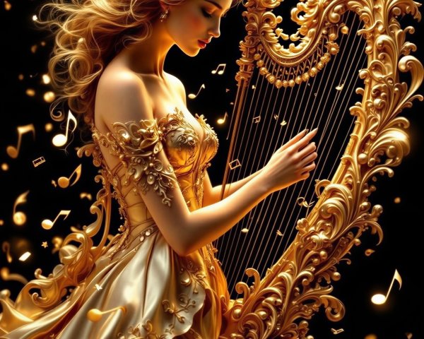 Graceful figure with golden hair playing ornate harp