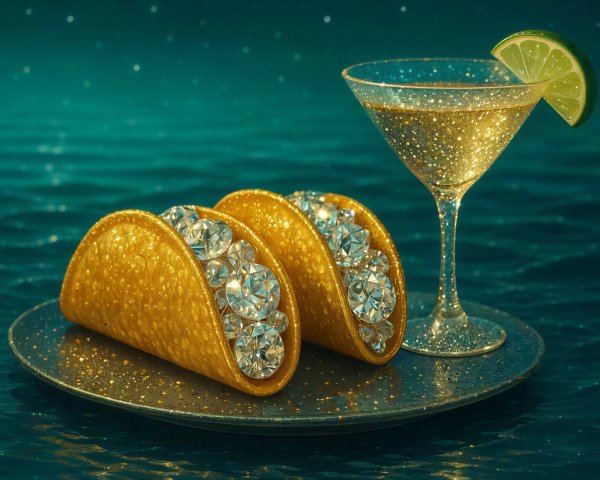Golden Tacos with Diamonds on Blue Glittery Surface