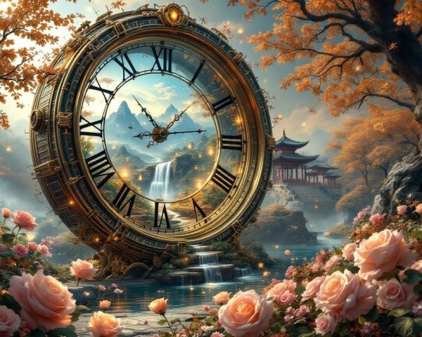 Golden Clock Surrounded by Serene Landscape and Roses