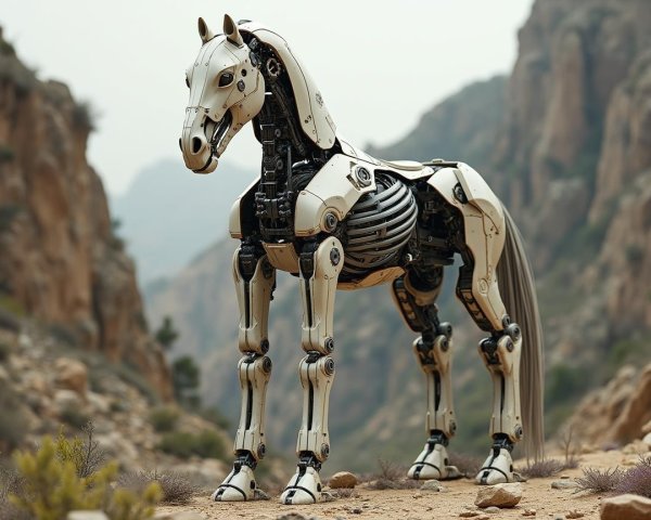 Futuristic Robotic Horse in Rugged Mountain Landscape