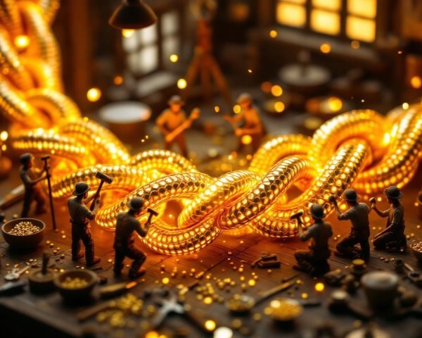 Miniature Workshop with Detailed Figurines and Golden Chain