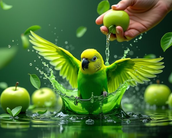 Vibrant Parakeet Splashing in Green Apple Scene