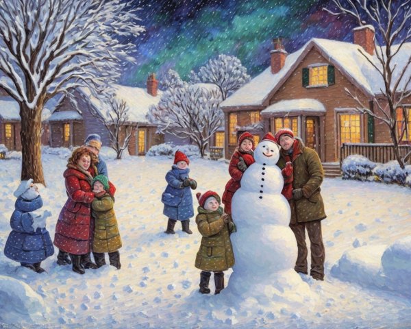 Group in Winter Clothes Building Snowman by Cozy House
