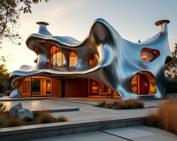 Modern House with Sculptural Design and Metallic Exterior