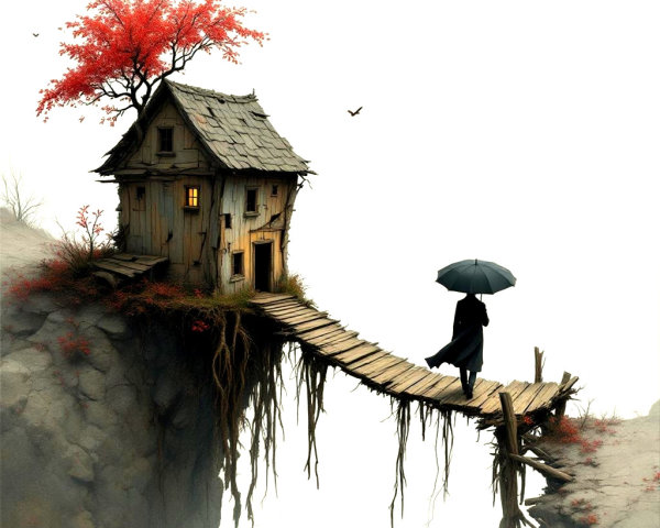 Whimsical House on a Cliff with Vibrant Tree and Birds