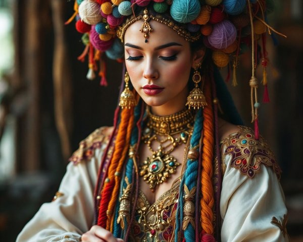 Vibrant Floral Headdress and Intricate Cultural Outfit
