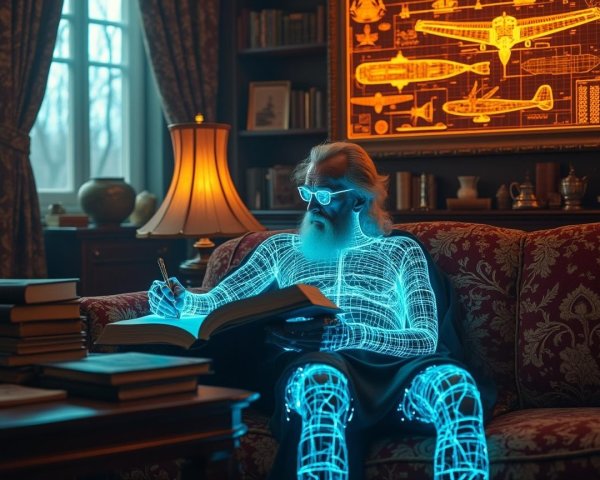 Futuristic Figure Writing in Cozy Library Setting