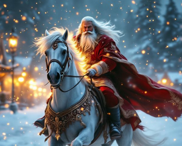 Majestic Figure on White Horse in Snowy Landscape