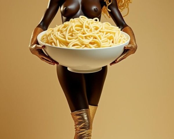 Whimsical Figure with Pasta on Gold Background